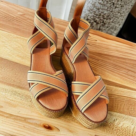 Tory Burch Womens 10 Fieda Espadrille Platform Sandals new leather canvas - Picture 4 of 10